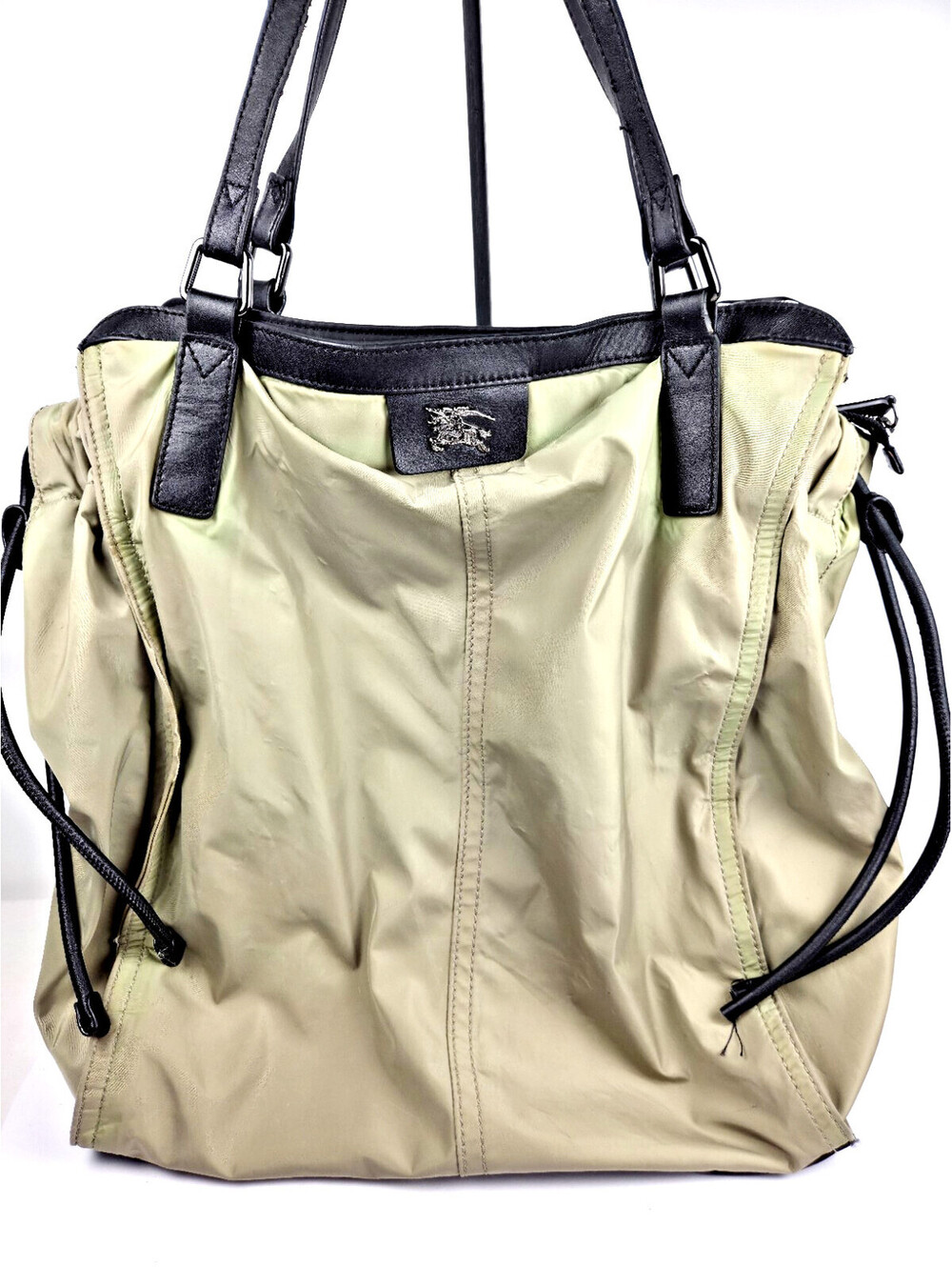 Burberry Beige Nylon and Black Leather Shoulder Tote Bag
